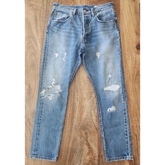 Levi's 501 Skinny Jeans Mens 30x28 Light Wash Button Fly White Oak Cone Ripped - Picture 1 of 14